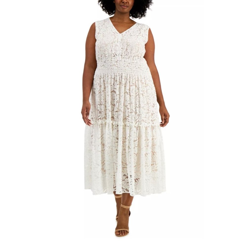 TAYLOR Plus Size Lace A-Line Tiered Skirt Midi Dress Ivory Blush 20W